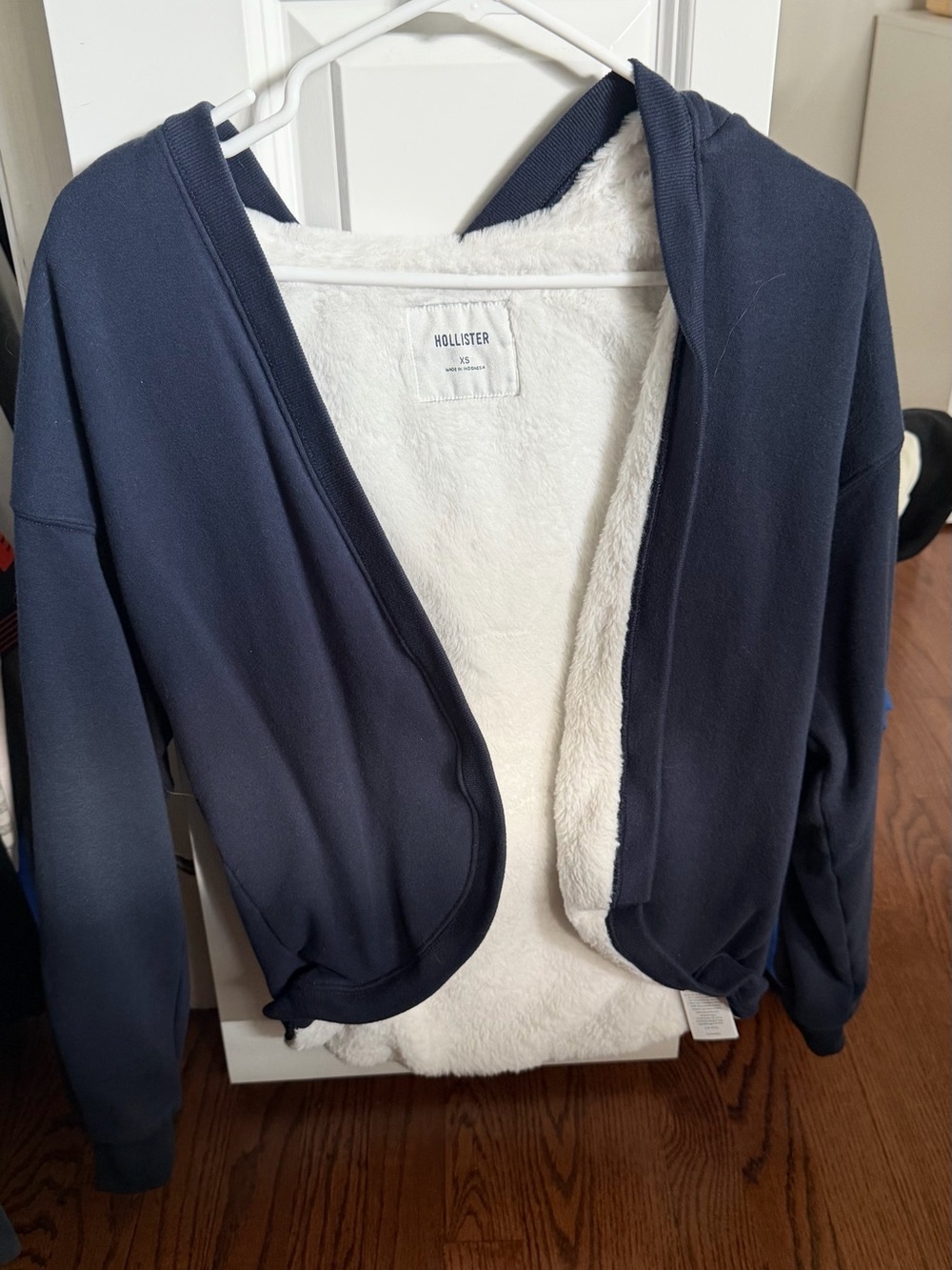Hollister Navy Hooded Teddy Jacket with White Sherpa Lining